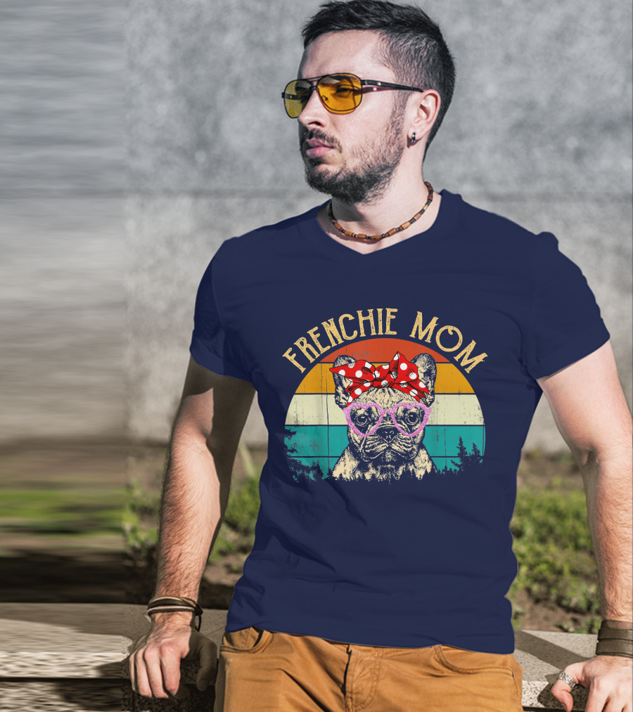Frenchie Mom Retro Sunset Heart Glasses Bow T-Shirt