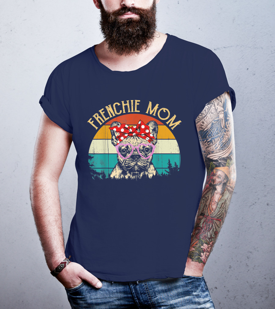 Frenchie Mom Retro Sunset Heart Glasses Bow T-Shirt