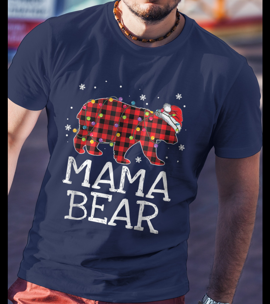 Mama Bear Red Plaid Christmas Lights Santa Hat Snowflakes T-Shirt