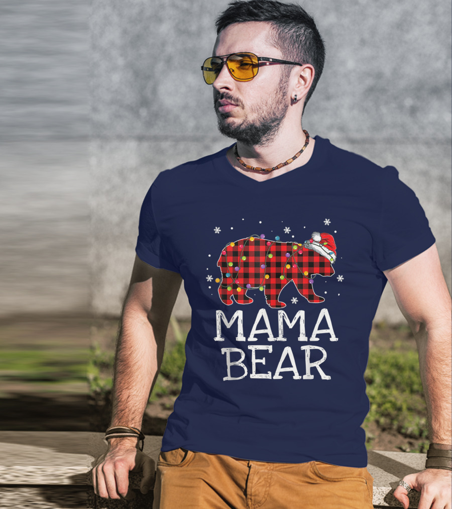 Mama Bear Red Plaid Christmas Lights Santa Hat Snowflakes T-Shirt