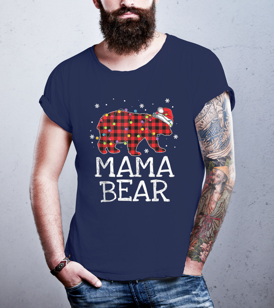 Mama Bear Red Plaid Christmas Lights Santa Hat Snowflakes T-Shirt