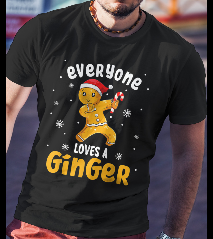Everyone Loves A Ginger Christmas Gingerbread Man With Santa Hat And Candy Cane T-Shirt