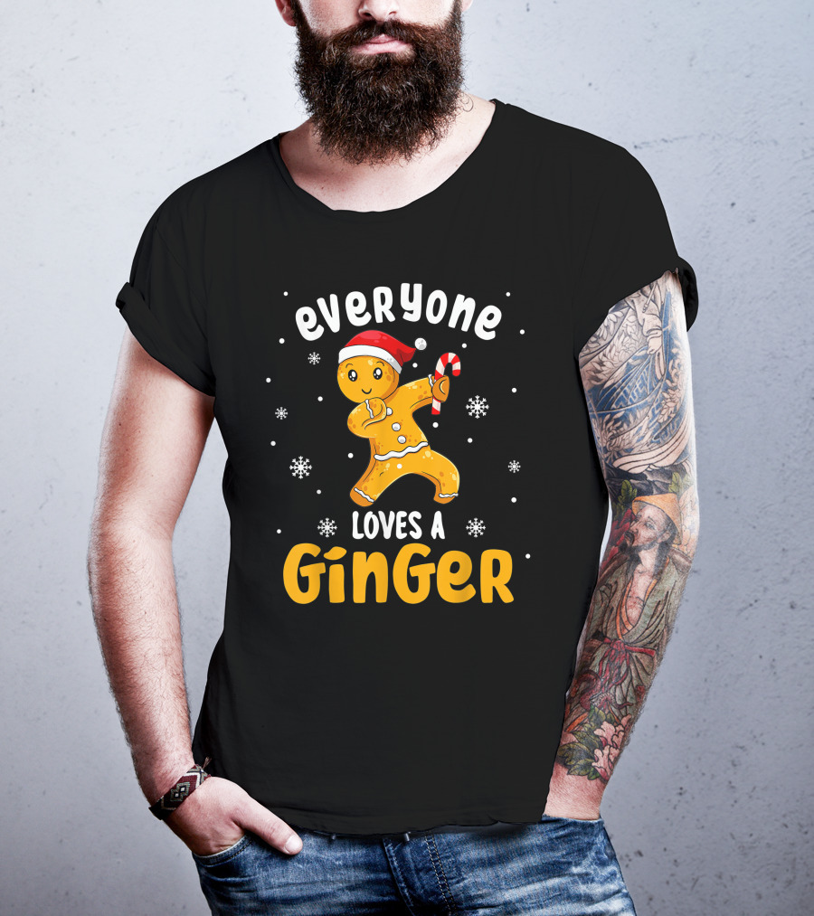 Everyone Loves A Ginger Christmas Gingerbread Man With Santa Hat And Candy Cane T-Shirt