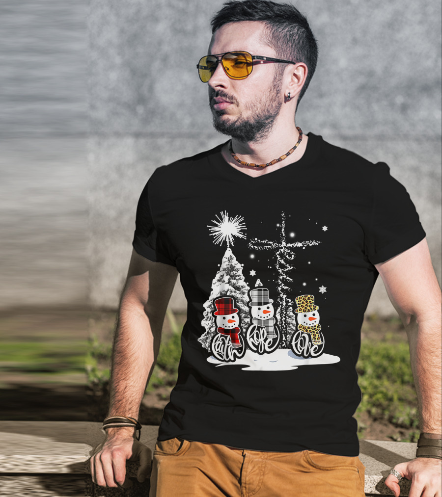 Jesus Faith Hope Love Snowman Funny Xmas For Christian T-Shirt