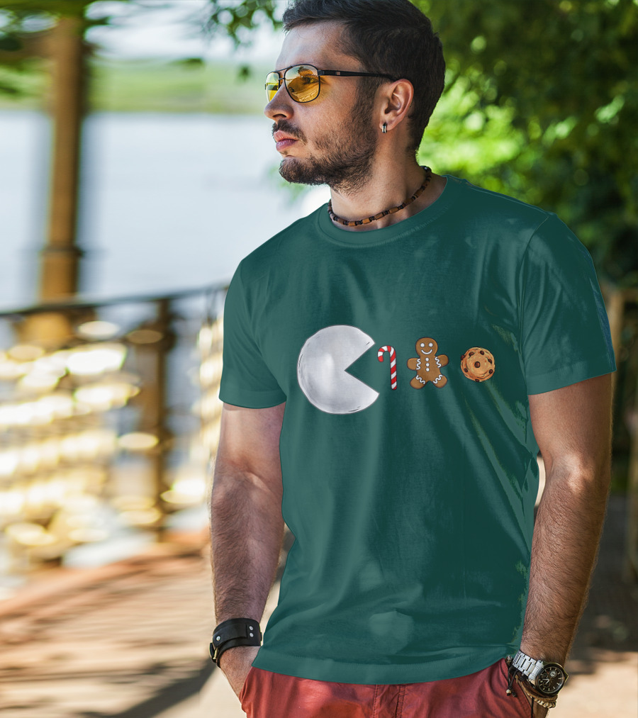 Christmas Snowball Candy Cane Gingerbread Cookie Pac-Man T-Shirt