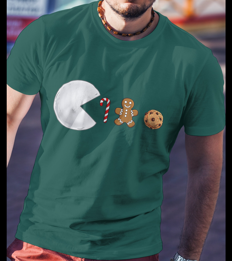 Christmas Snowball Candy Cane Gingerbread Cookie Pac-Man T-Shirt