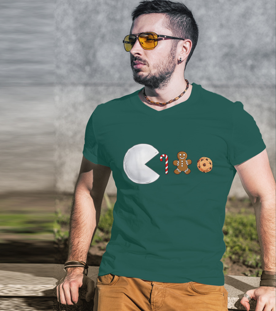 Christmas Snowball Candy Cane Gingerbread Cookie Pac-Man T-Shirt