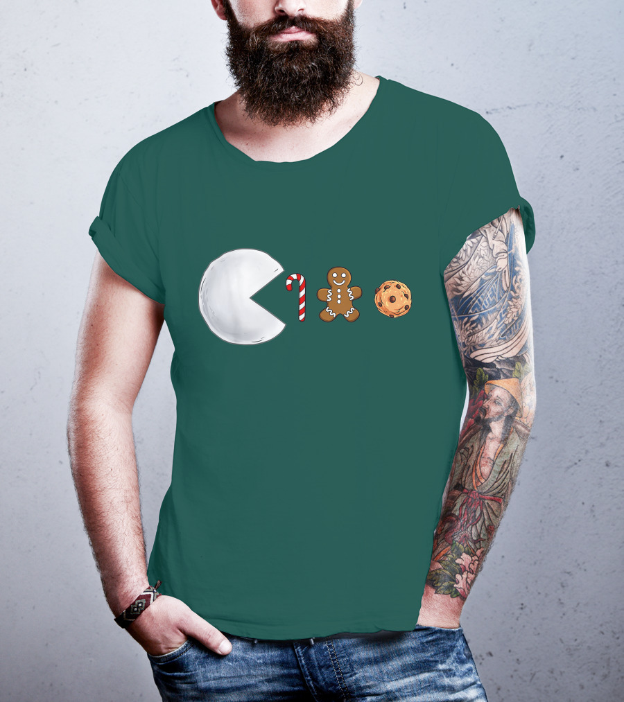 Christmas Snowball Candy Cane Gingerbread Cookie Pac-Man T-Shirt
