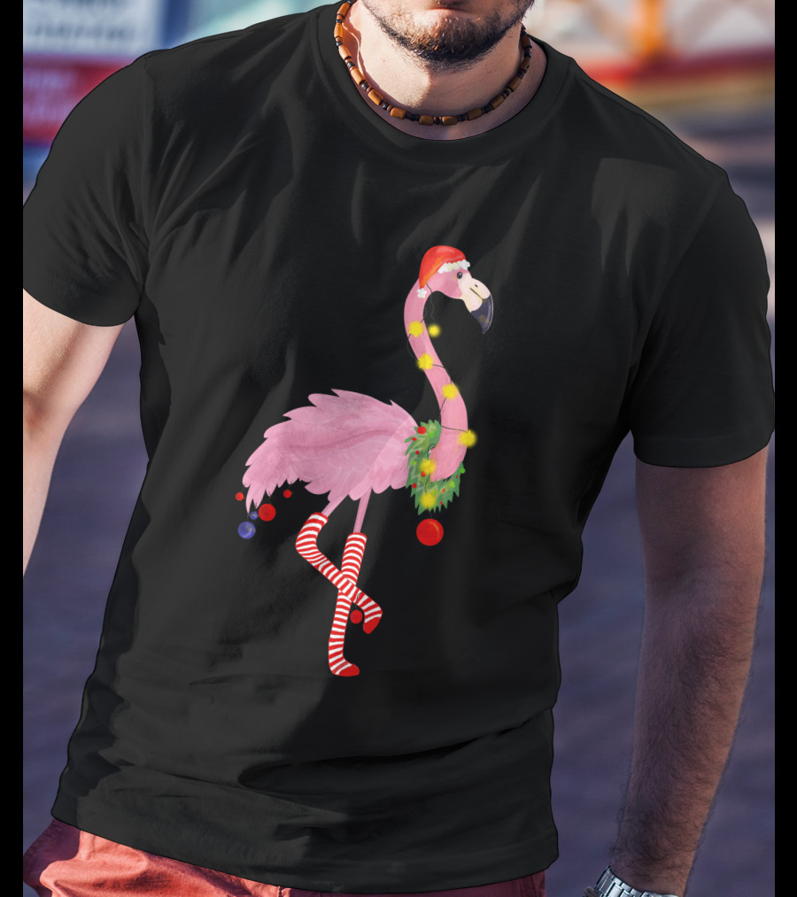 Flamingo Christmas Santa Hat Candy Cane Leggings T-Shirt