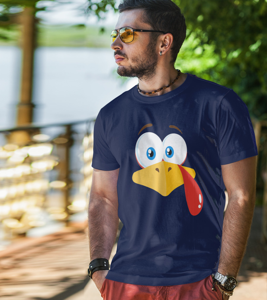 Turkey Face Pilgrim Funny Cartoon Eyes And Beak With Tongue T-Shirt