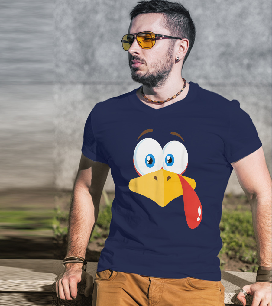 Turkey Face Pilgrim Funny Cartoon Eyes And Beak With Tongue T-Shirt