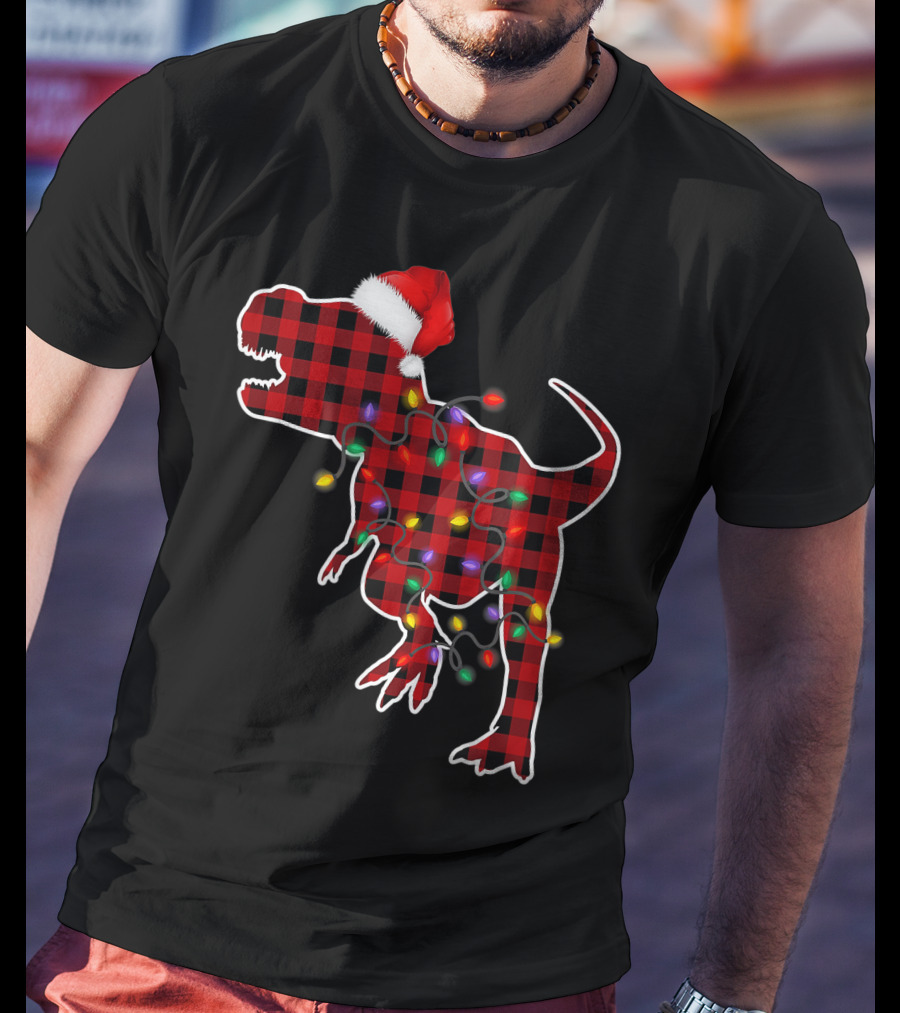 Red Plaid T-Rex Dinosaur With Santa Hat And Christmas Lights T-Shirt