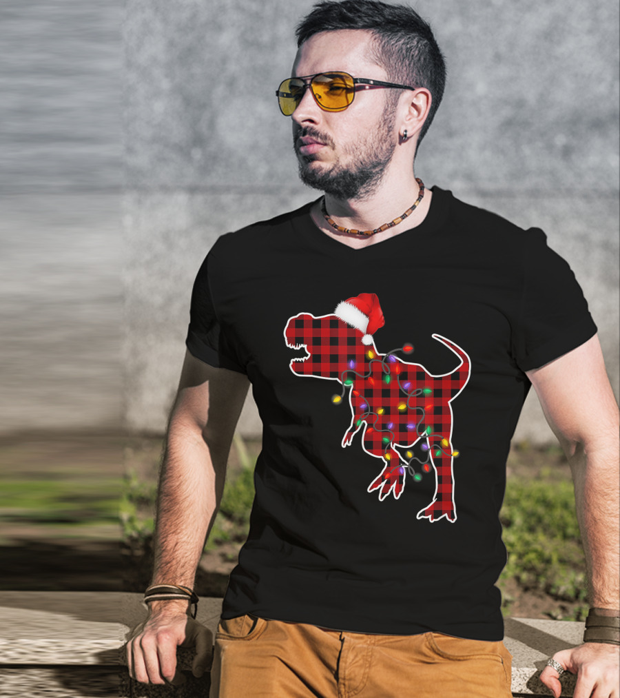 Red Plaid T-Rex Dinosaur With Santa Hat And Christmas Lights T-Shirt