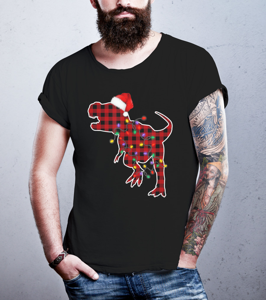 Red Plaid T-Rex Dinosaur With Santa Hat And Christmas Lights T-Shirt