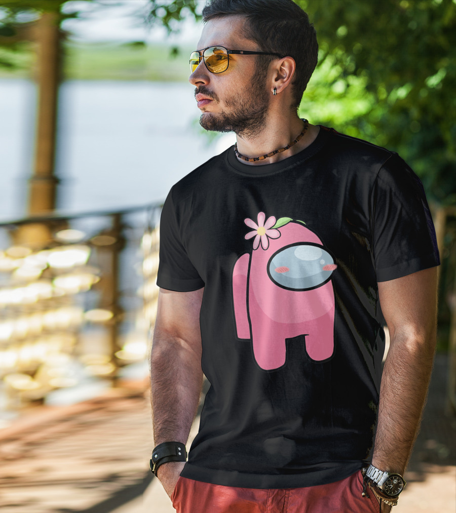 Cute Pink Among Us Sus Character With Flower T-Shirt