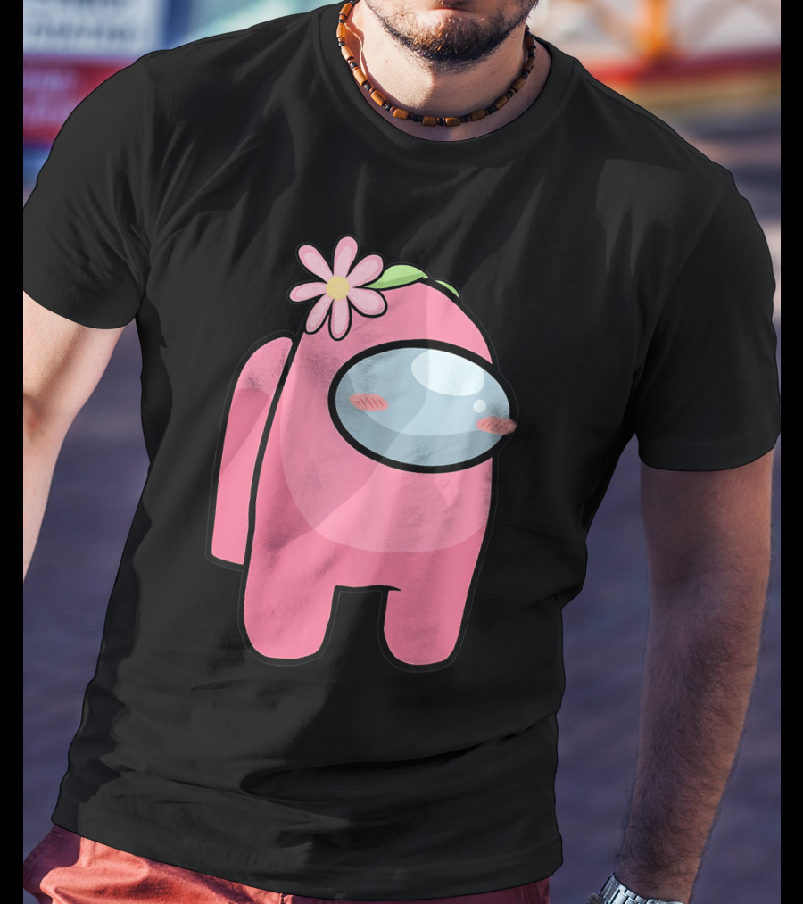Cute Pink Among Us Sus Character With Flower T-Shirt