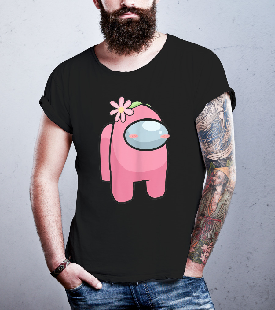 Cute Pink Among Us Sus Character With Flower T-Shirt
