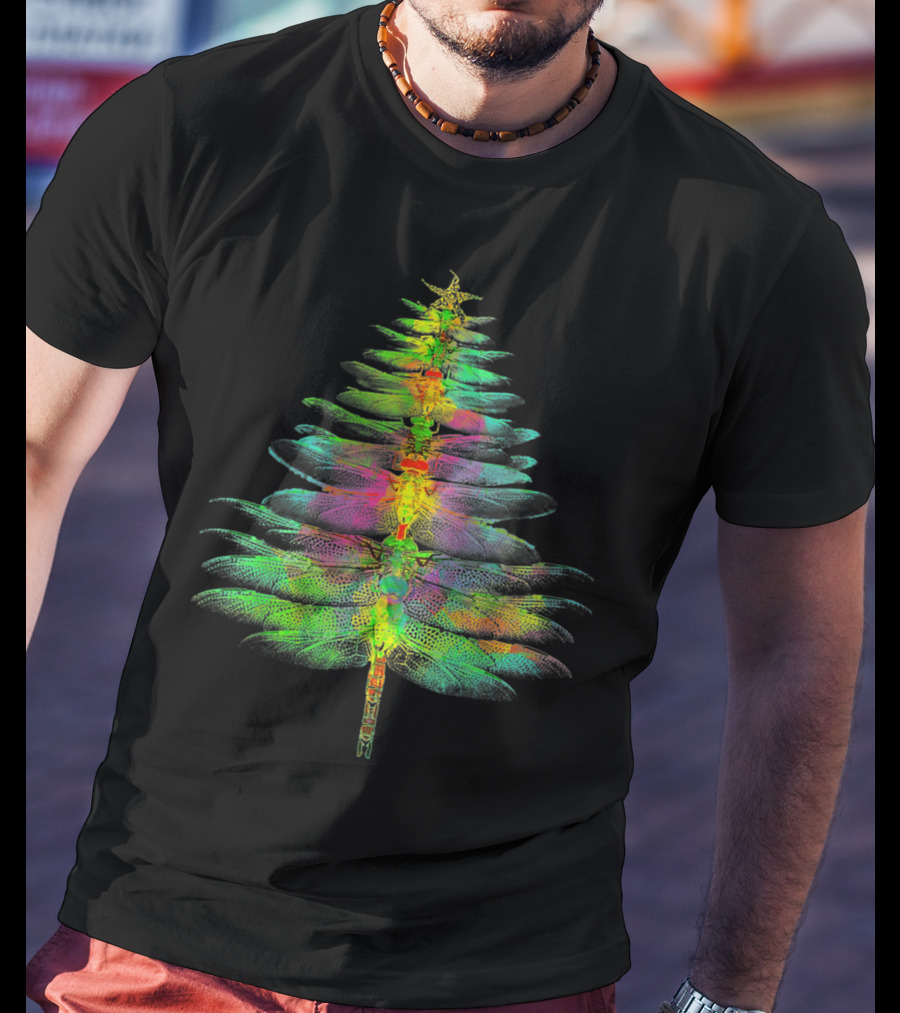Funny Dragonfly Christmas Tree Multicolored Wings T-Shirt