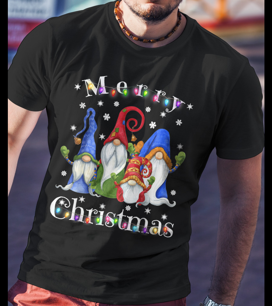 Merry Christmas Garden Gnome Festive Lights T-Shirt