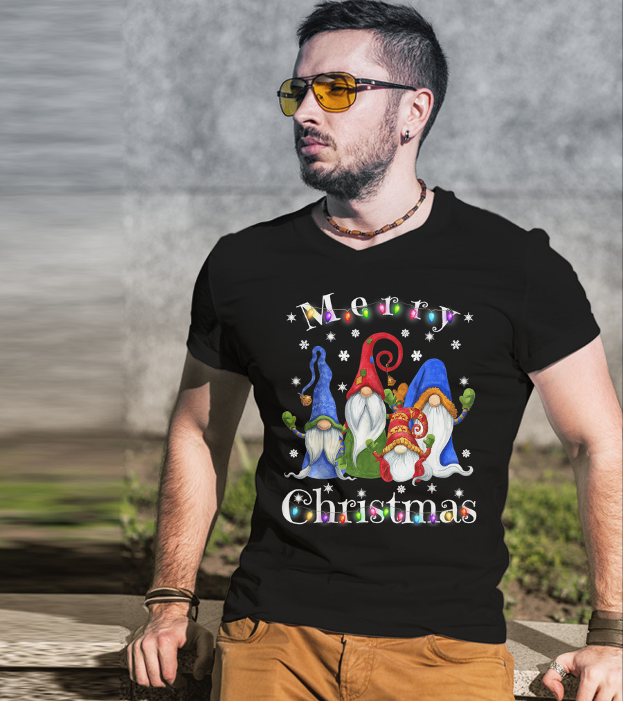 Merry Christmas Garden Gnome Festive Lights T-Shirt