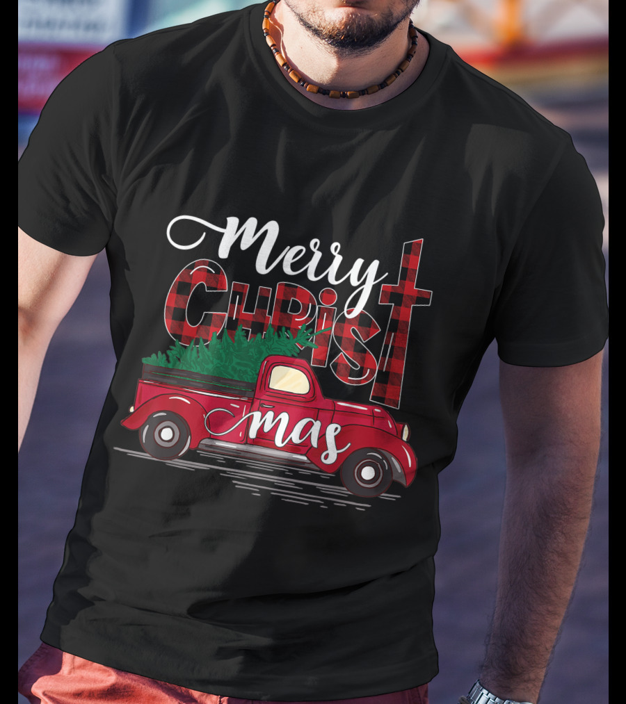 Merry Christmas Buffalo Plaid Christian Cross With Red Truck T-Shirt