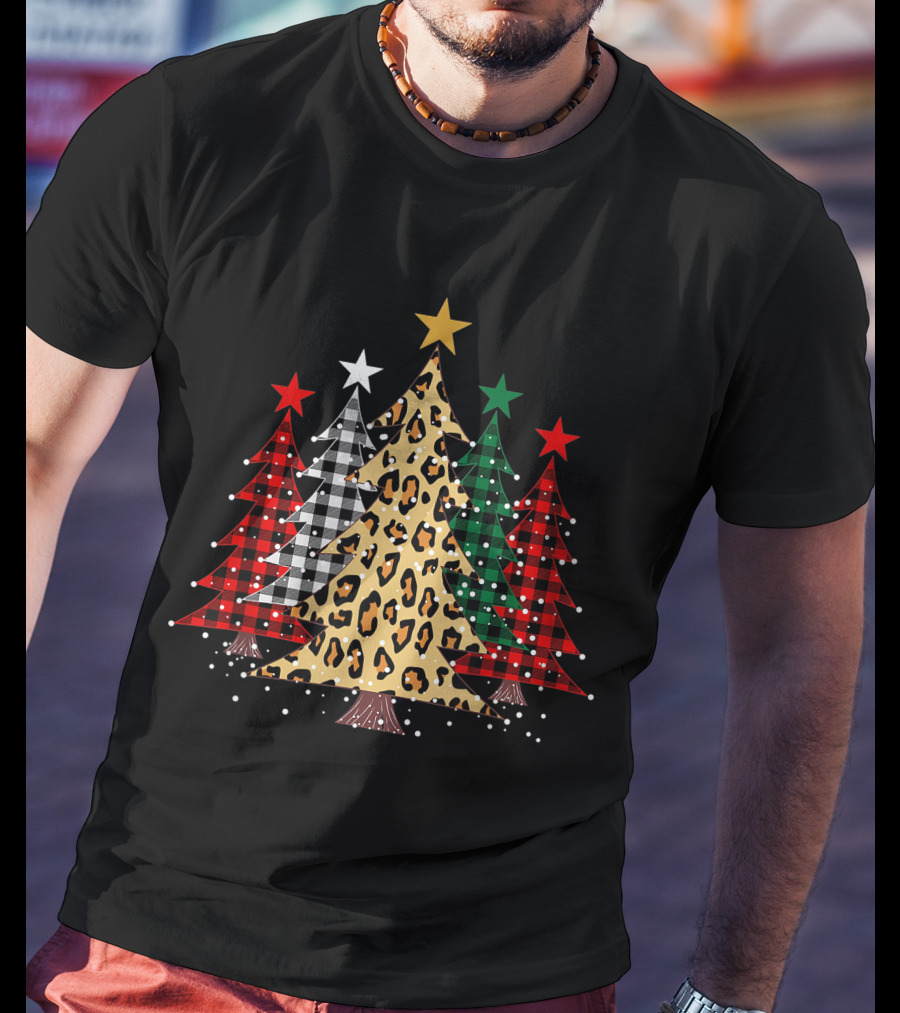 Merry Christmas Trees Buffalo Plaid Leopard Stars Holiday T-Shirt