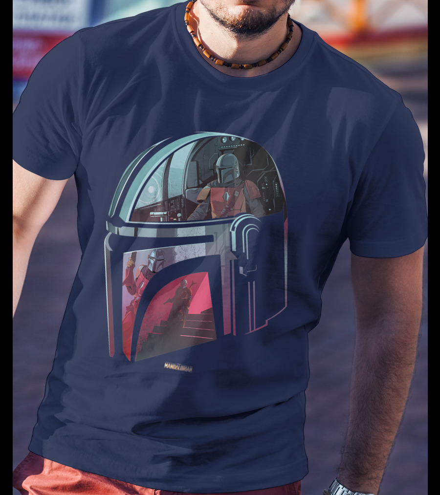 Star Wars The Mandalorian Helmet Spaceship Interior Stairs Scene T-Shirt