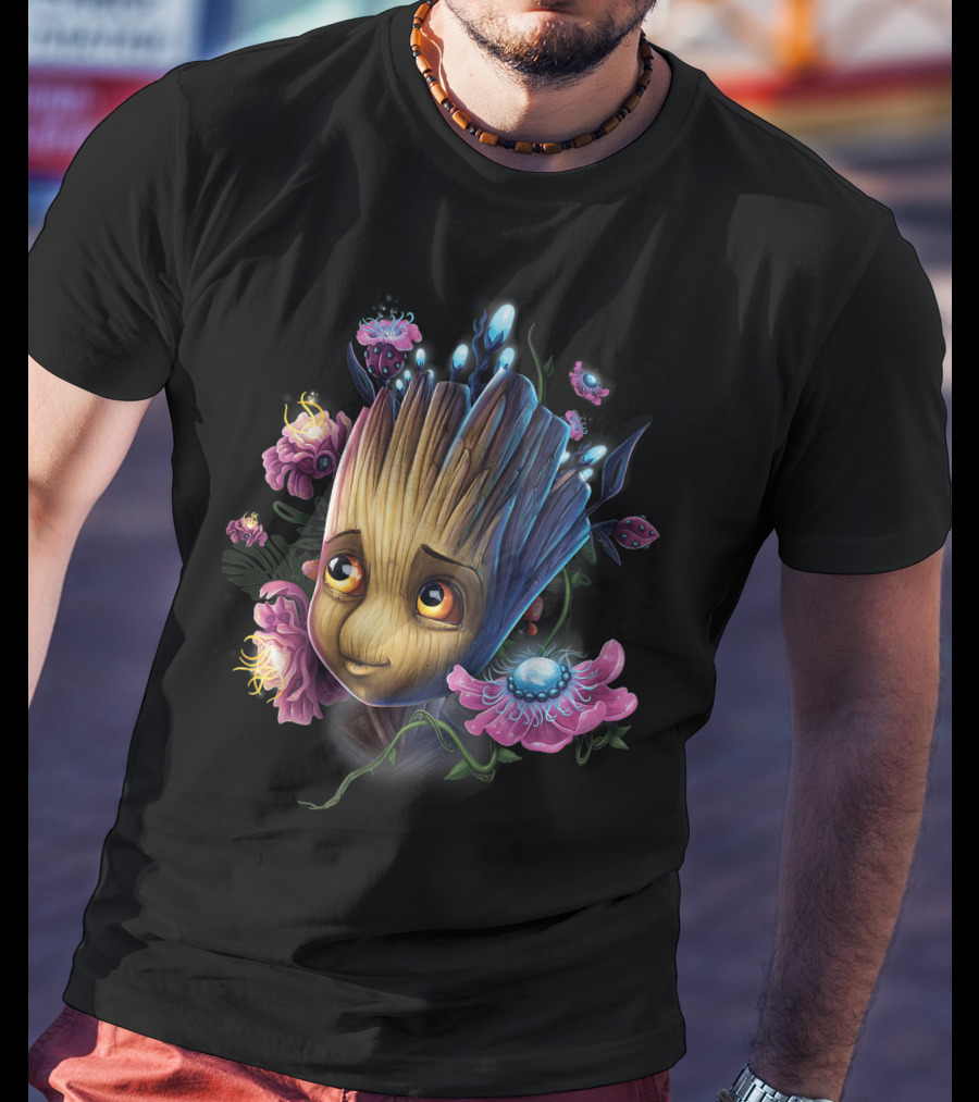 Marvel Guardians Of The Galaxy Groot Surrounded By Vibrant Flowers And Glowing Bugs T-Shirt
