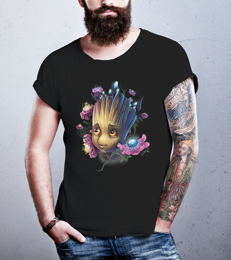 Marvel Guardians Of The Galaxy Groot Surrounded By Vibrant Flowers And Glowing Bugs T-Shirt