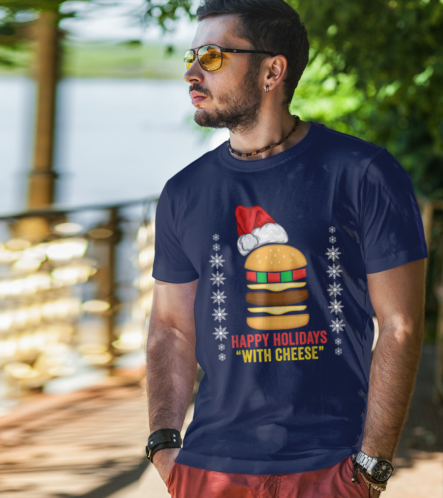 Happy Holidays With Cheese Christmas Cheeseburger Santa Hat Snowflakes T-Shirt