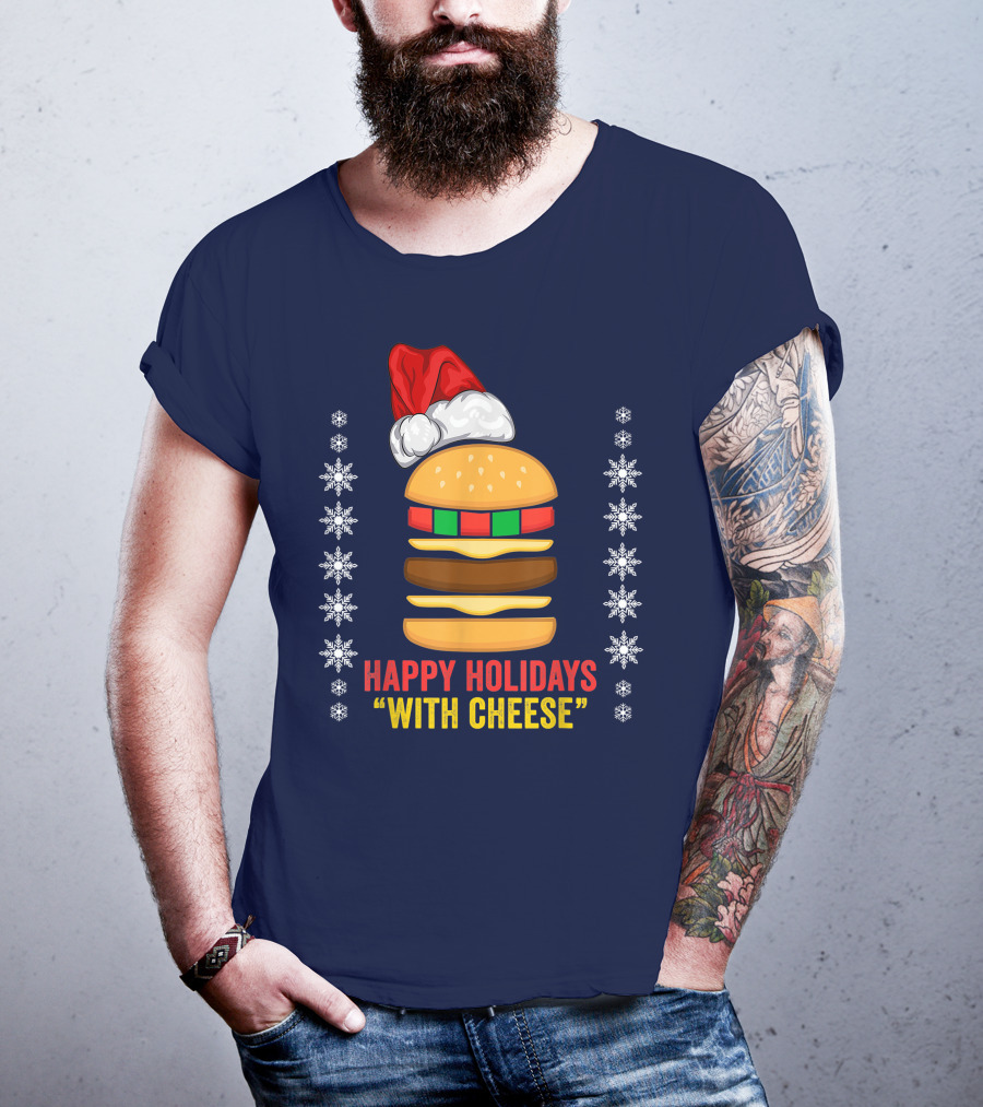Happy Holidays With Cheese Christmas Cheeseburger Santa Hat Snowflakes T-Shirt