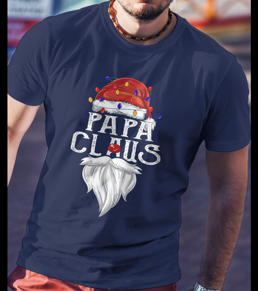 Papa Claus Santa Hat Beard Christmas Lights T-Shirt
