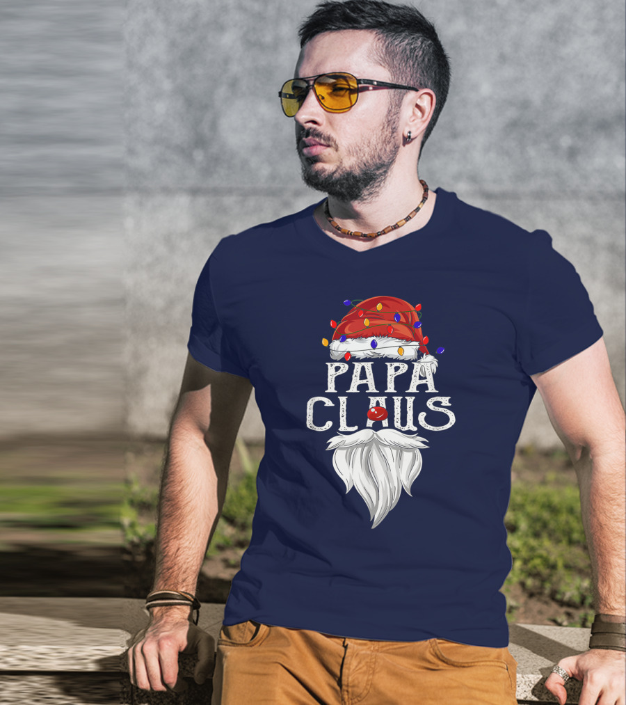 Papa Claus Santa Hat Beard Christmas Lights T-Shirt
