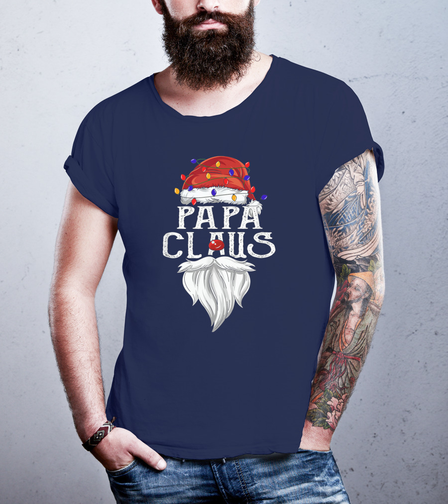 Papa Claus Santa Hat Beard Christmas Lights T-Shirt