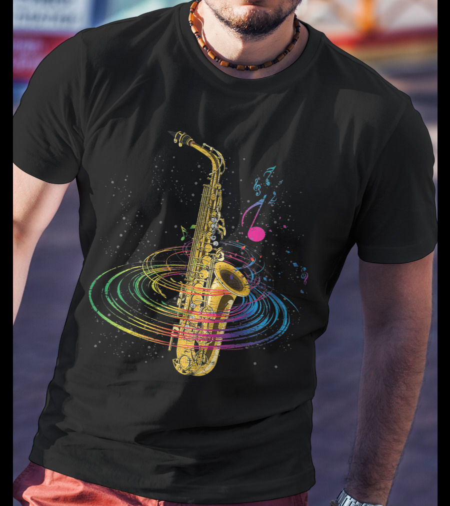 Music Notes Colorful Saxophone Vortex T-Shirt