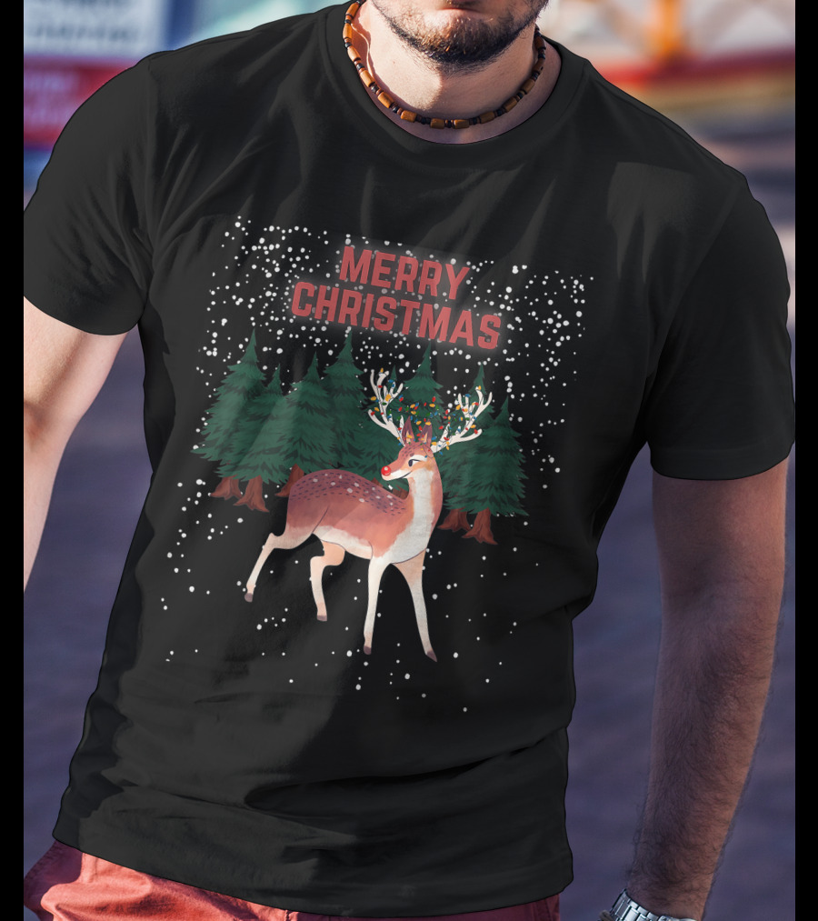 Merry Christmas Reindeer Rudolph Tangled Christmas Lights Snowy Forest T-Shirt