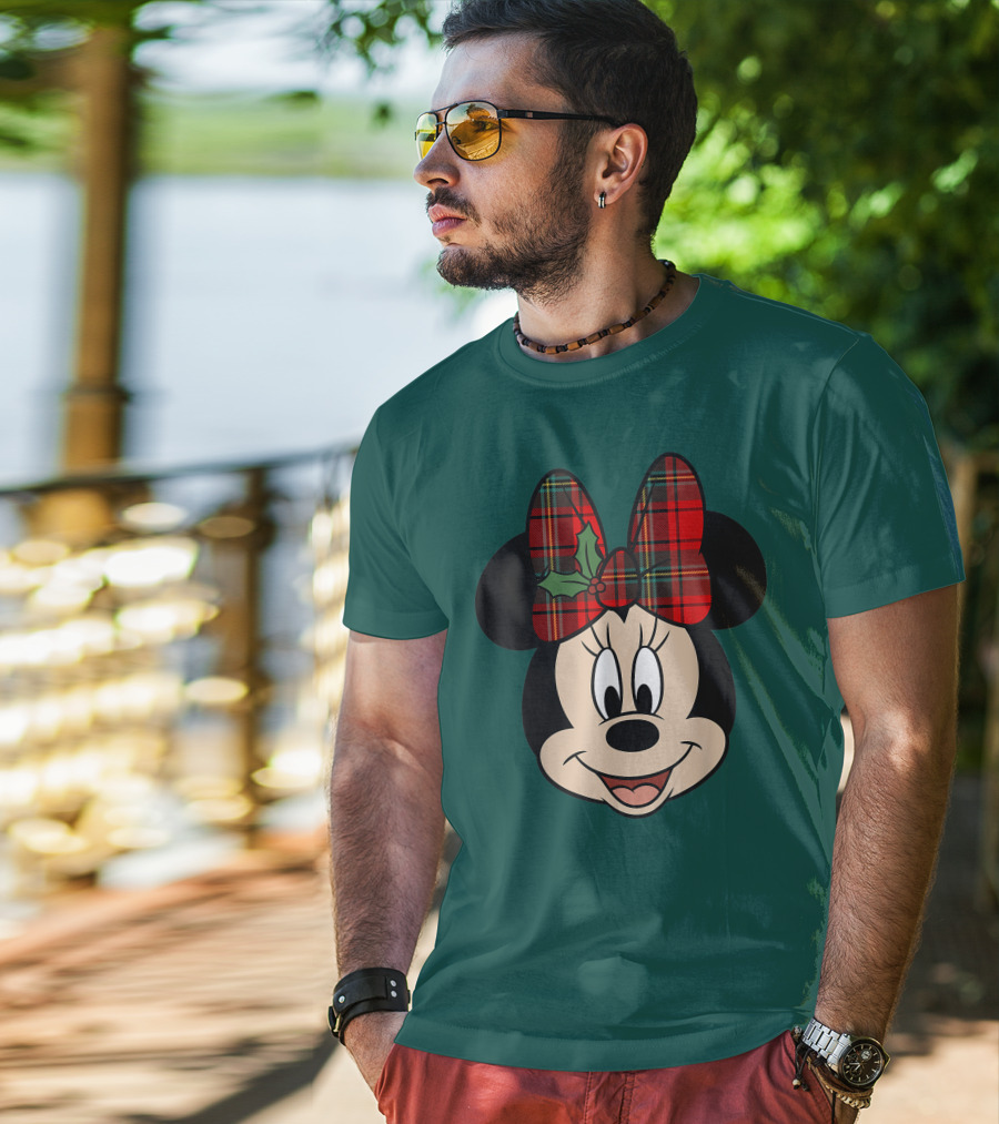 Disney Minnie Mouse Plaid Christmas Bow With Holly T-Shirt