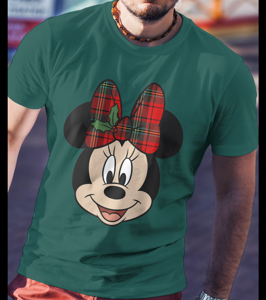 Disney Minnie Mouse Plaid Christmas Bow With Holly T-Shirt