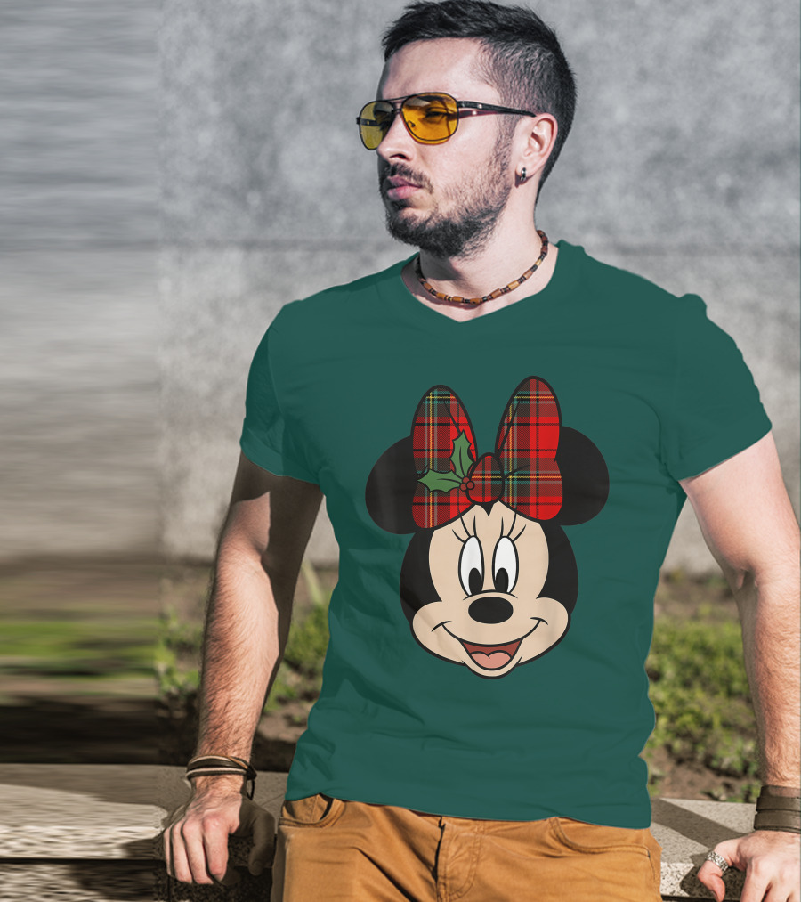 Disney Minnie Mouse Plaid Christmas Bow With Holly T-Shirt