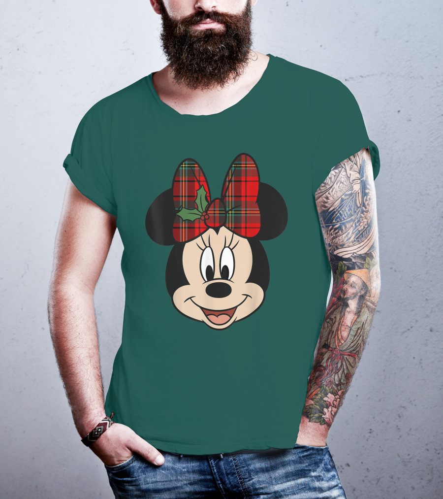 Disney Minnie Mouse Plaid Christmas Bow With Holly T-Shirt