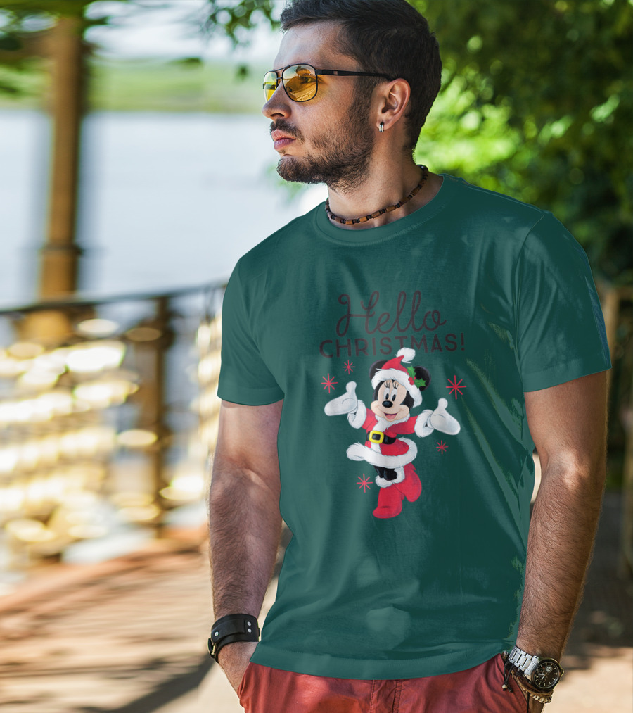 Disney Minnie Mouse Hello Christmas Holiday Santa T-Shirt