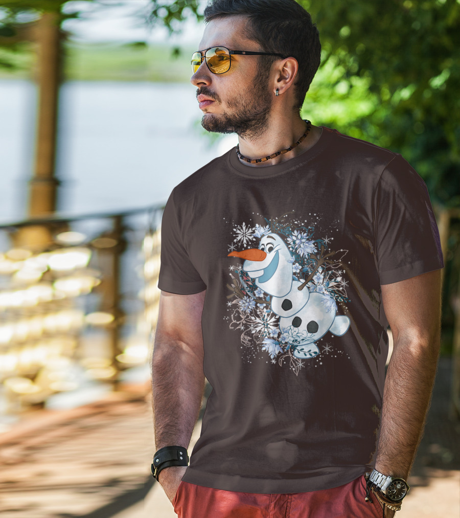 Olaf Dancing Surrounded By Snowflakes And Flowers From Disney Frozen T-Shirt
