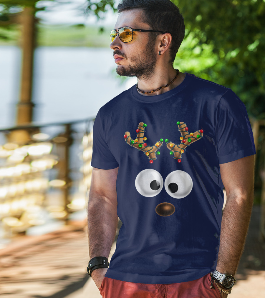 Colorful Lights Reindeer Face Christmas Matching Family T-Shirt