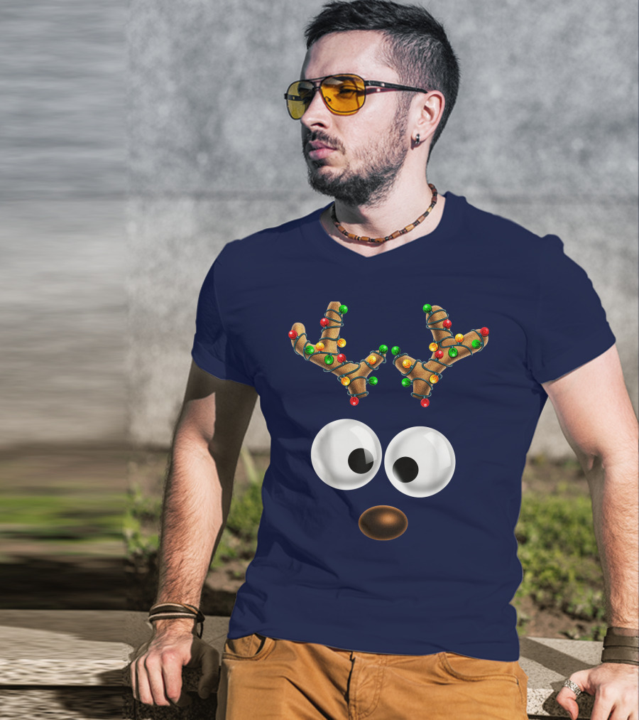 Colorful Lights Reindeer Face Christmas Matching Family T-Shirt