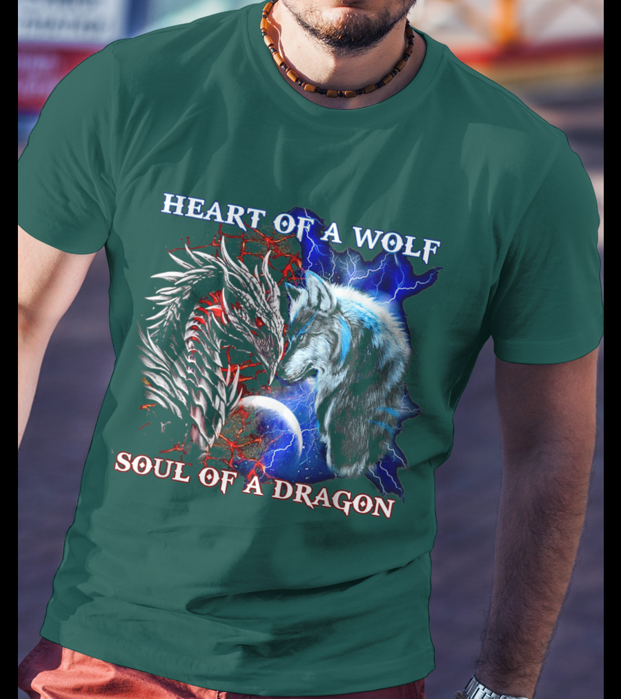 HEART OF A WOLF SOUL OF A DRAGON Wolf Dragon Lightning Planet Cracked Earth T-Shirt