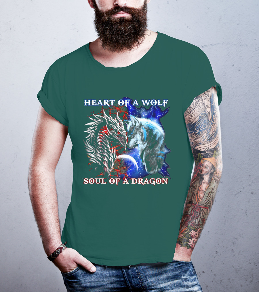 HEART OF A WOLF SOUL OF A DRAGON Wolf Dragon Lightning Planet Cracked Earth T-Shirt