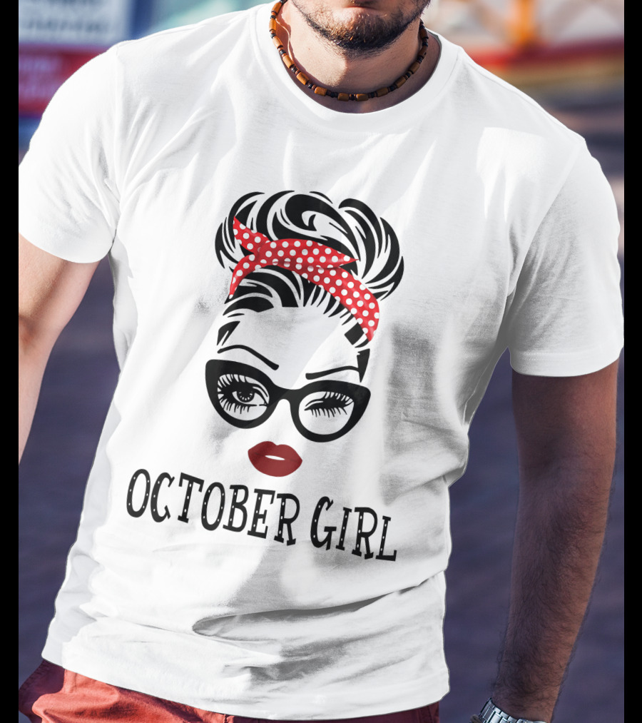 October Girl Woman Face Wink Eyes Red Lipstick Polka Dot Headband T-Shirt