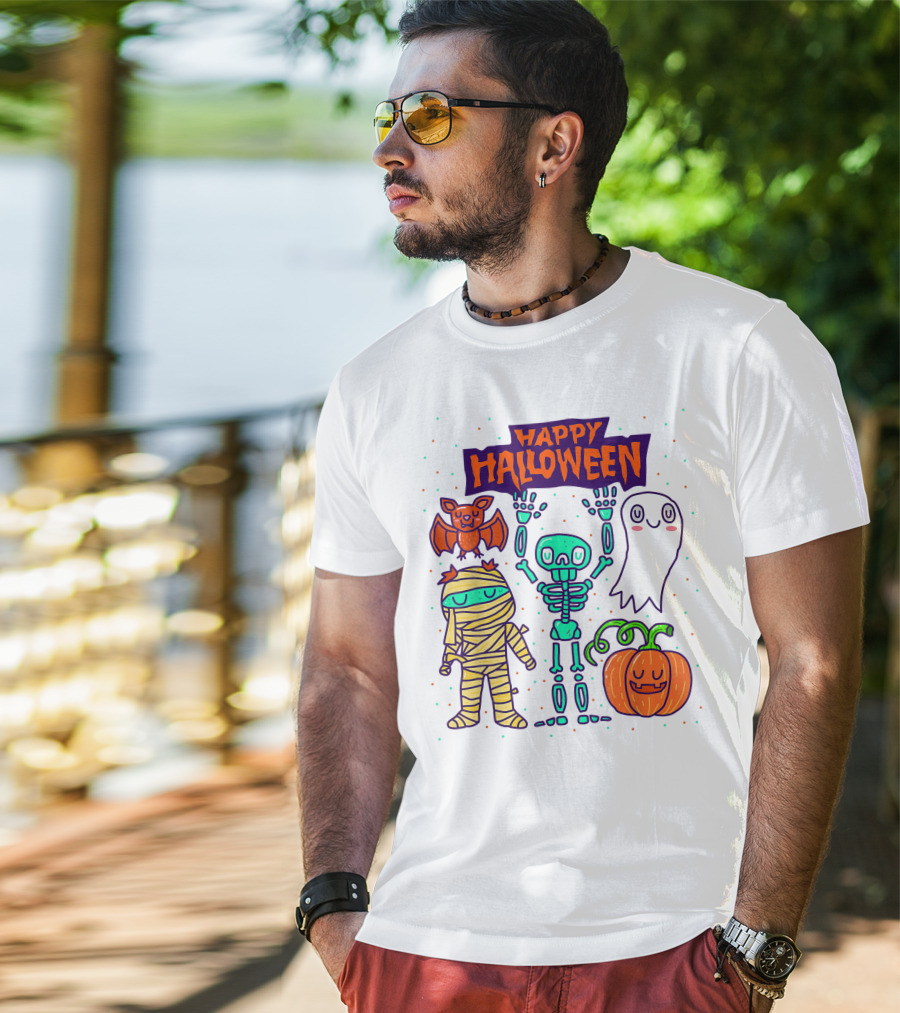 Happy Halloween Skeleton Ghost Pumpkin Mummy Bat T-Shirt