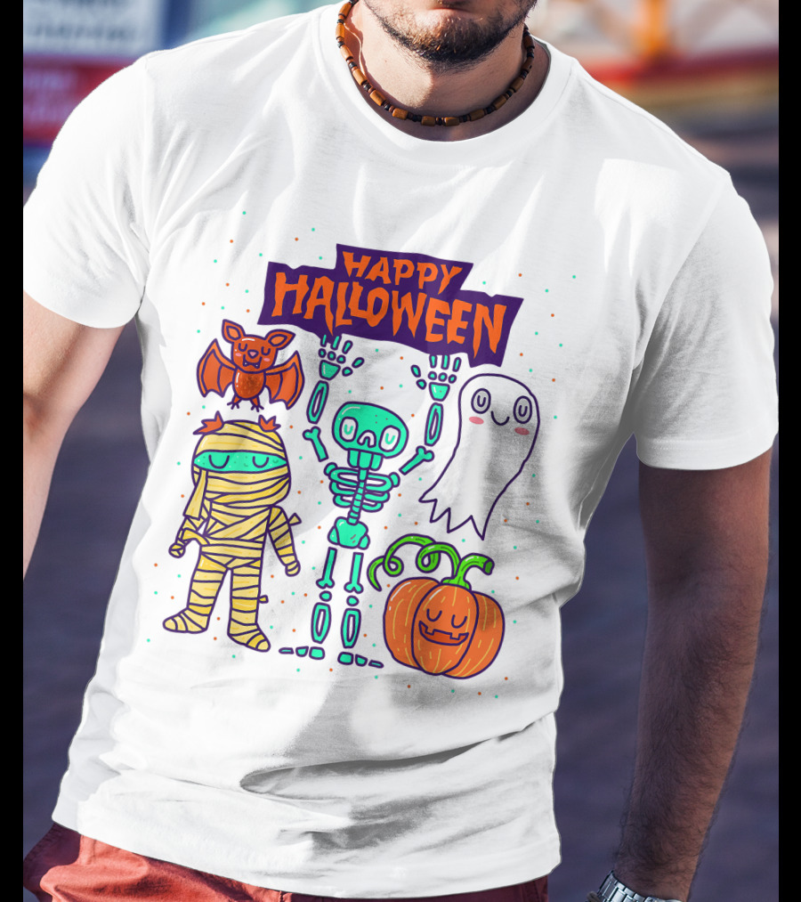 Happy Halloween Skeleton Ghost Pumpkin Mummy Bat T-Shirt