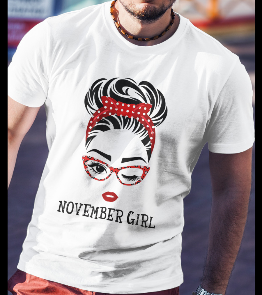 November Girl Wink Eye Woman Face Wink Eyes Lady Birthday Red Polka Dot Glasses T-Shirt